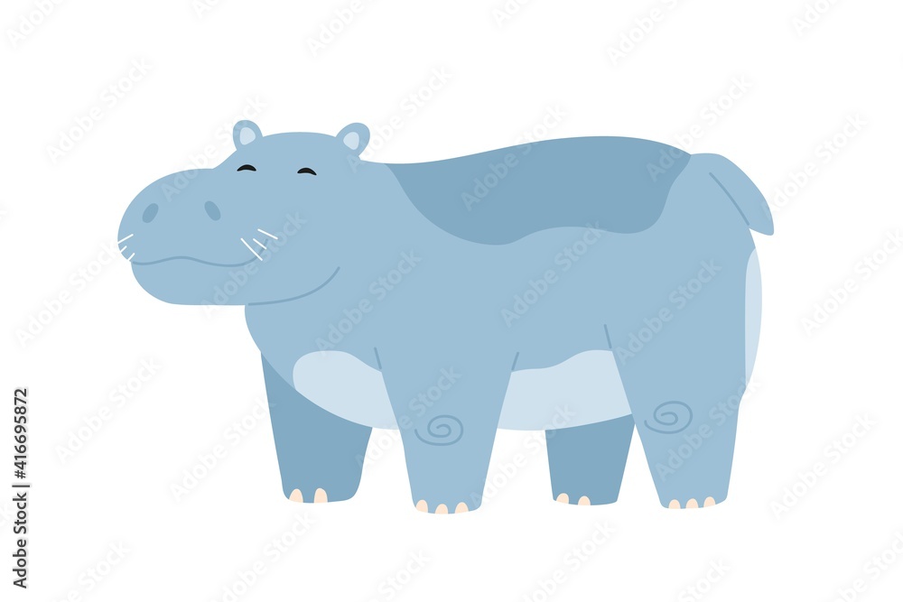 Obraz premium Cute baby hippo standing with closed eyes and smile. Funny happy hippopotamus. Colored flat vector illustration of childish character isolated on white background