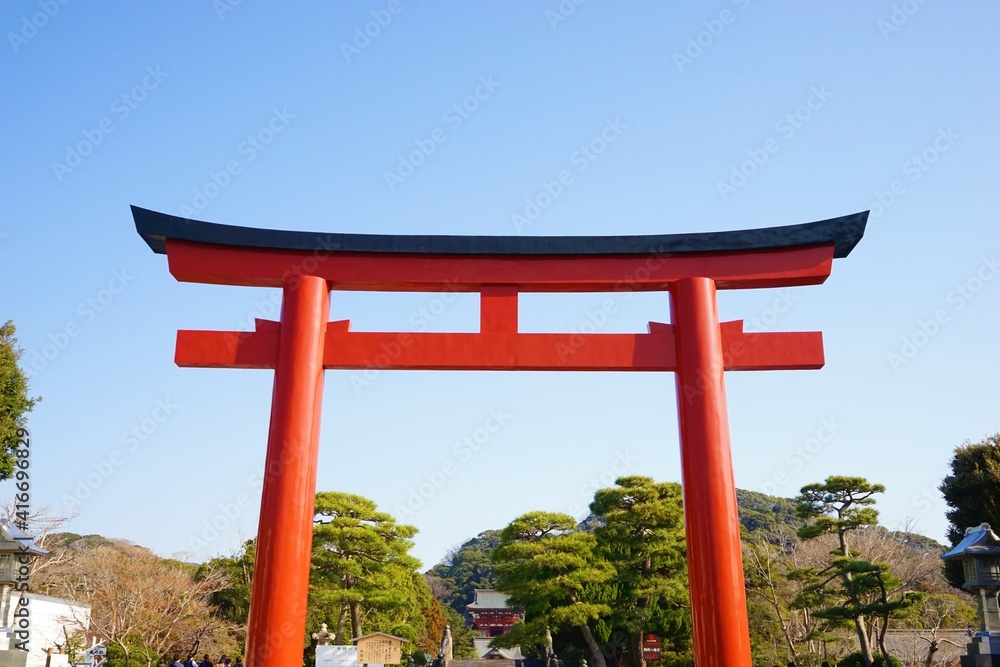 Torii Gate at Tsurugaoka Hachimangu Shrine in Kamakura, Kanagawa prefecture, Japan - 鎌倉 鶴岡八幡宮 鳥居 Torii Gate at Tsurugaoka Hachimangu Shrine in Kamakura, Kanagawa prefecture, Japan - 鎌倉 鶴岡八幡宮 鳥居
