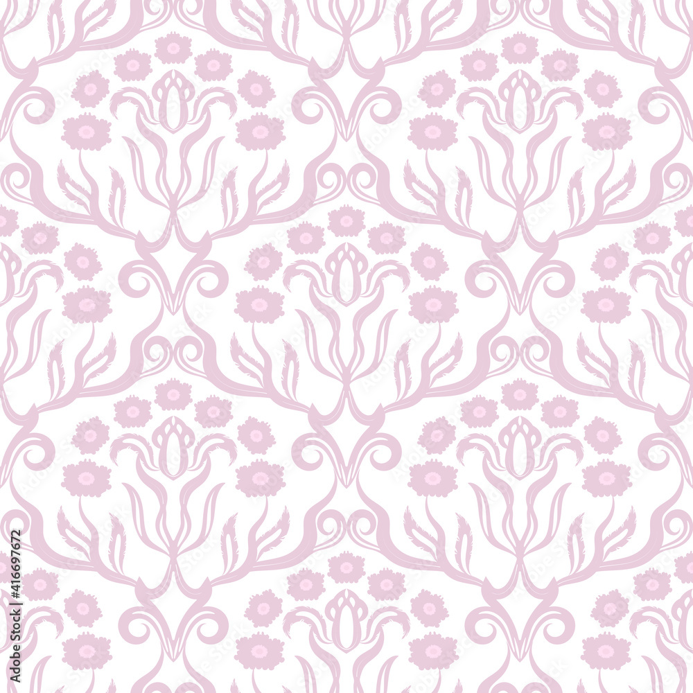Seamless floral pattern in vector. Damask pink wallpaper or fabric, vintage decorative print 