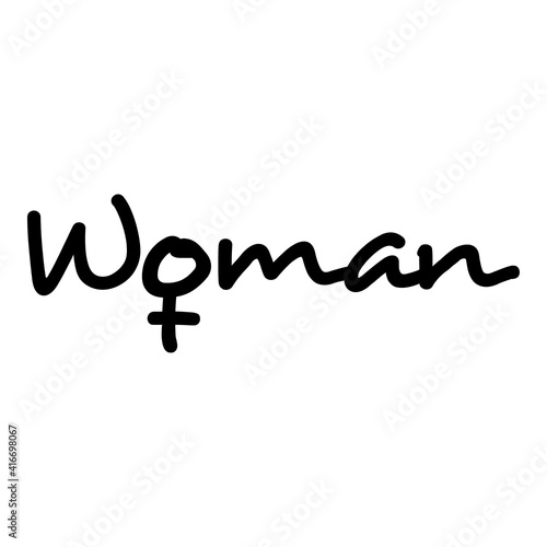 Logotipo con texto manuscrito Woman con o con forma de símbolo femenino escrito a mano en color negro