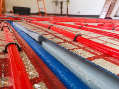 Wallpaper Mural Cross-linked polyethylene heating pipes for underfloor heating on a heat-insulating material and polystyrene foam insulation on a concrete floor Torontodigital.ca