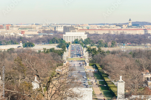 Famous Washington DC Skyline. Panoramic View of the Capital of the United States of America. Aerial View of Arlington Bridge, Lincoln Memorial and Potomac River.