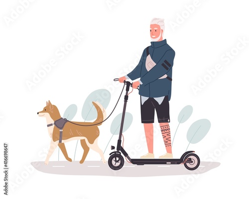 Active old people walking with dog and riding electric scooter. Modern bearded senior man driving eco urban transport. Colored flat vector illustration isolated on white background