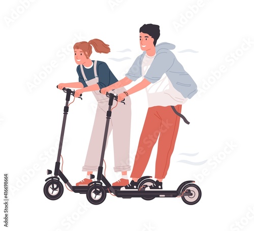 Couple of happy teenagers riding electric walk scooters at full speed. Two funny friends driving e-scooters together. Colored flat vector illustration isolated on white background
