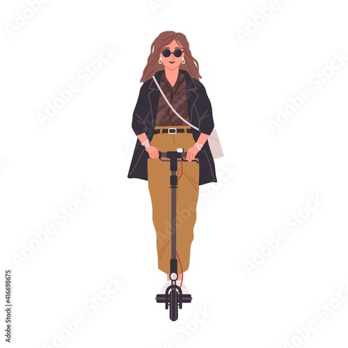 Active young woman riding electric walk scooter. Modern female character in sunglasses driving eco urban transport. Colored flat vector illustration isolated on white background