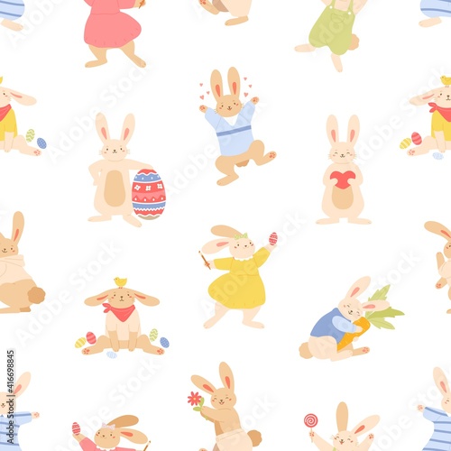 Seamless paschal pattern with cute bunnies, rabbits and Easter eggs on white background. Repeatable spring festive texture. Endless design for printing. Hand-drawn colored flat vector illustration.