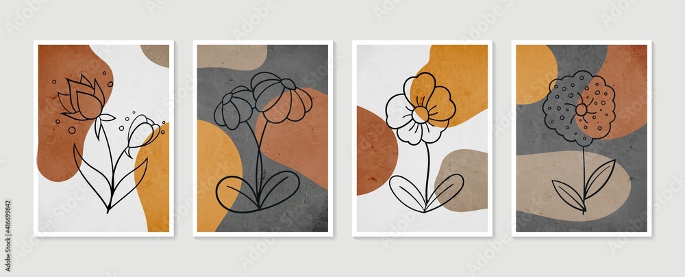 Fototapeta Collection of contemporary art posters. Botanical wall art vector set. Minimal and natural wall art. Abstract Plant Art design for print, wallpaper, cover. Modern vector illustration.