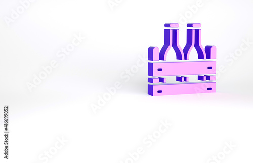 Purple Pack of beer bottles icon isolated on white background. Wooden box and beer bottles. Case crate beer box sign. Minimalism concept. 3d illustration 3D render.
