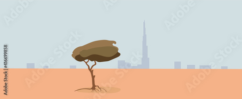 Desert - flat landscape on the background of the city of Dubai. The tree is drawn in vector, background for a postcard.