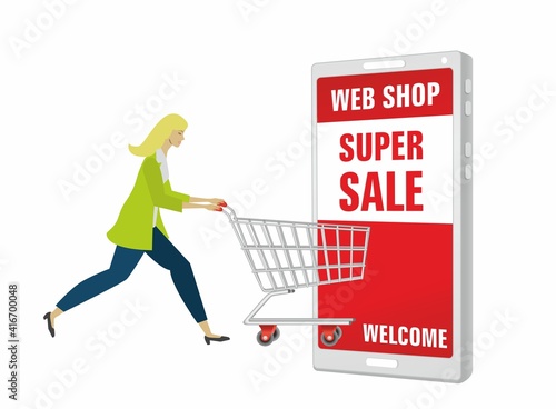 Woman cutomer with shopping cart, trolley running to web shop super sale. Vector illustration. EPS10. photo