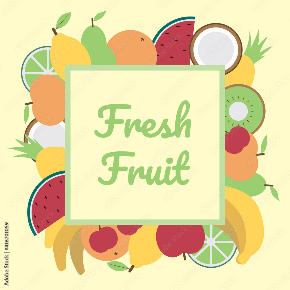 Set of vectors designed with all kinds of fruits with bright and colorful colors and with a square on top to put text Set of vectors designed with all kinds of fruits with bright and colorful colors and with a square on top to put text