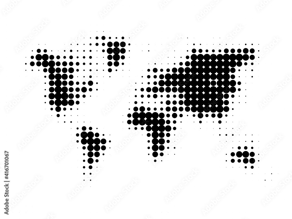 Halftone world map isolated. Vector illustration. Dotted map in flat design.
Halftone world map isolated. Vector illustration. Dotted map in flat design.