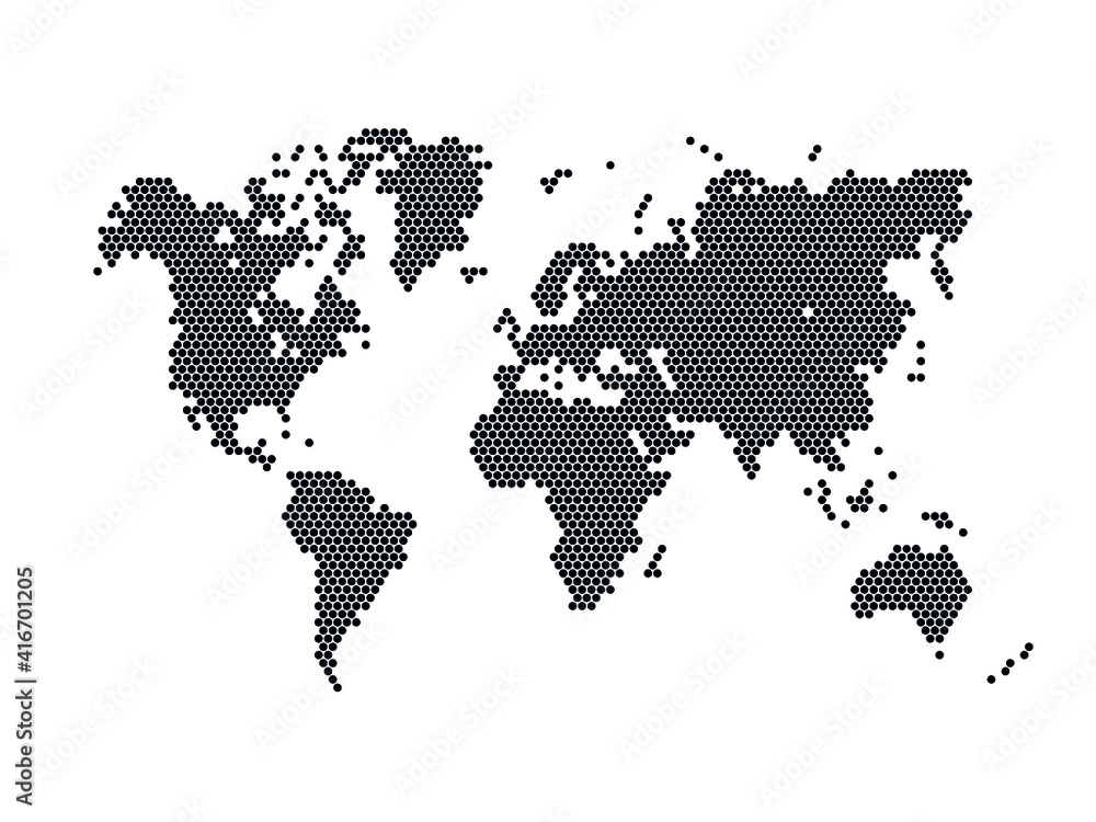 Obraz premium Halftone world map isolated. Vector illustration. Dotted map in flat design.
