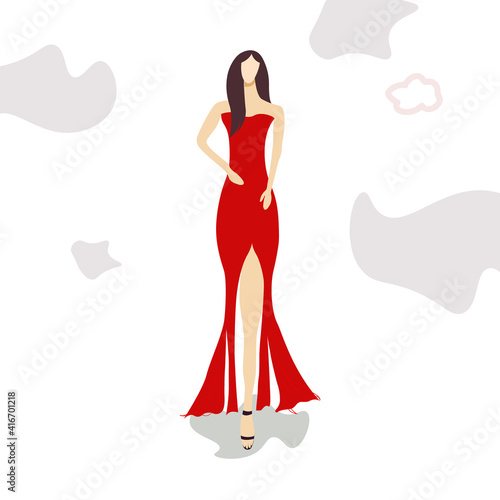 Beautiful Fashion Girl with red dress premium vector illustration; A sexy top model walks vector Art portrait
