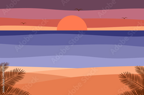 Vector with a design of a beach at sunset, with the sea in the background, with clouds, birds, palm trees and sand