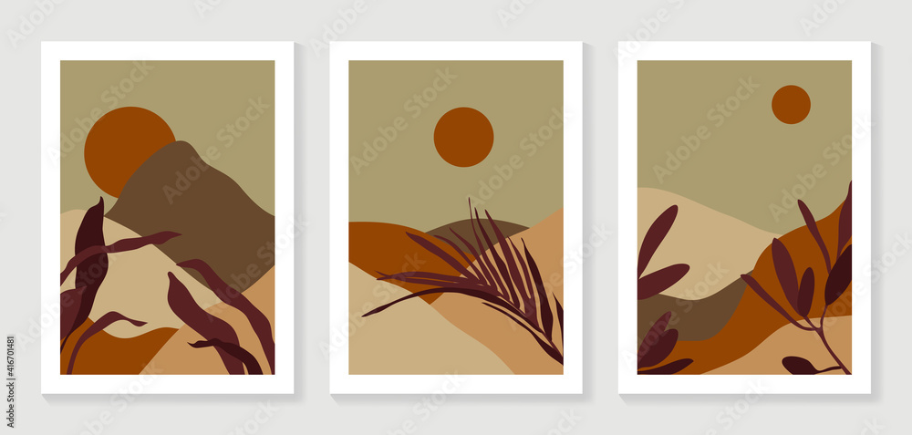 Mountain and Botanical wall art vector set. Earth tones landscapes wallpaper. Oasis Tropical backgrounds collection with mountain, sand, palm,Twigs leaf, moon or sun. Vector illustration. Mountain and Botanical wall art vector set. Earth tones landscapes wallpaper. Oasis Tropical backgrounds collection with mountain, sand, palm,Twigs leaf, moon or sun. Vector illustration.