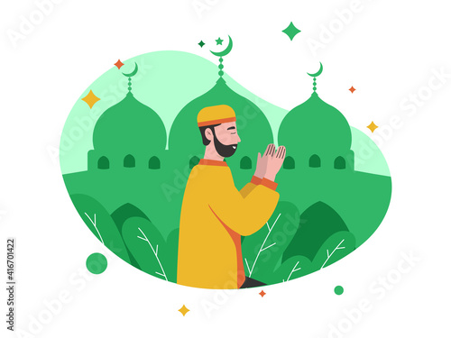 Illustration Vector Graphic of A male muslim pray ramadan start - marhaban yaa ramadan photo