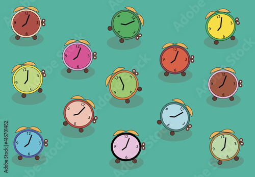 a Background of multicolored clocks and alarm clocks