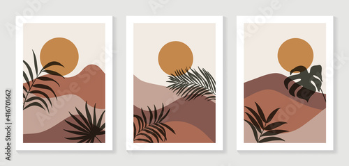 Mountain and Botanical wall art vector set. Earth tones landscapes wallpaper. Oasis Tropical backgrounds collection with mountain, sand, palm,Twigs leaf, moon or sun. Vector illustration. © TWINS DESIGN STUDIO