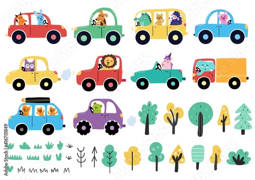 Cute animals driving cars collection. Transport set with funny cartoon characters. Vehicle clipart for kids and baby design. Vector illustration