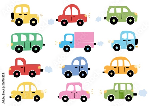 Cute cars in cartoon style collection. Transport clipart for kids and baby design. Vehicles isolated elements set. Vector illustration