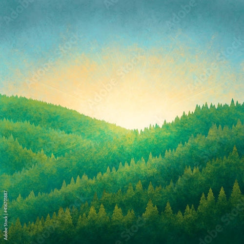 Watercolor illustration of a forest in the mountains at sunset. Acrylic landscape.