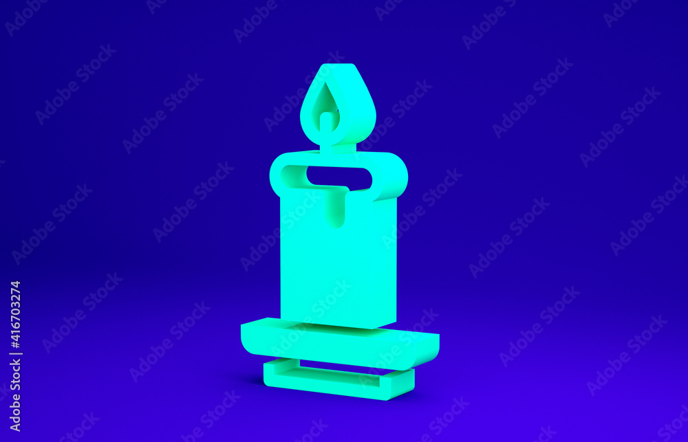 Fototapeta premium Green Aroma candle icon isolated on blue background. Minimalism concept. 3d illustration 3D render.