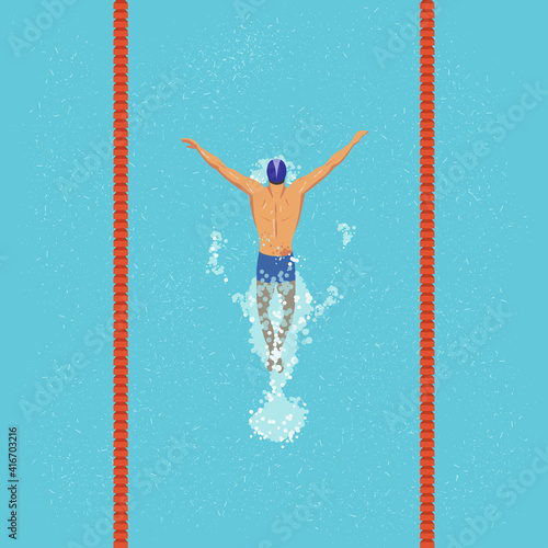 Swimmer man swims butterfly style in the swimming pool. View from above. Vector flat design illustration.