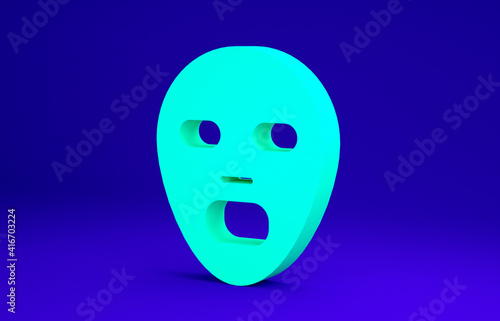 Green Facial cosmetic mask icon isolated on blue background. Cosmetology, medicine and health care. Minimalism concept. 3d illustration 3D render.