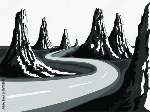 black and white vector illustration depicting a road winding between peaked mountains