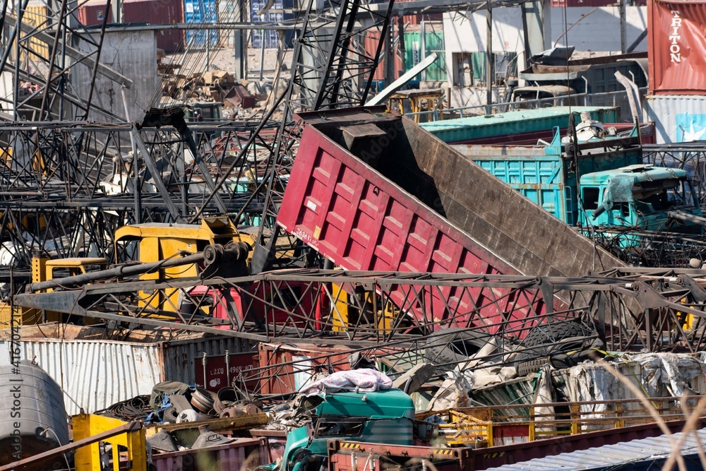 Fototapeta premium damage to warehouses and equipment at the Beirut port after an explosion in August 2020