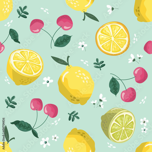 Fototapeta Naklejka Na Ścianę i Meble -  Summer seamless pattern with lemons, cherry and blossom. Sweet tropical background for textile, fabric, decorative paper. Vector