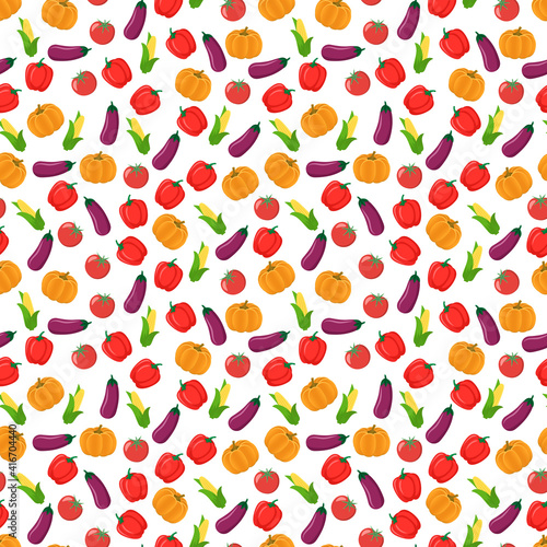 Seamless pattern of ripe squash  eggplant  corn  tomato and sweet pepper. This vegetable design is for your business projects. Ideal for fabrics and decor. Beautiful vector background