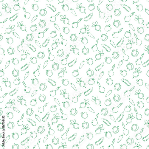 Seamless pattern from vegetables and fruits. Apple, pepper, onions, carrots, beets, eggplant. Vector illustration.