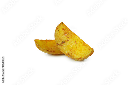 Tasty baked potato wedges isolated on white background