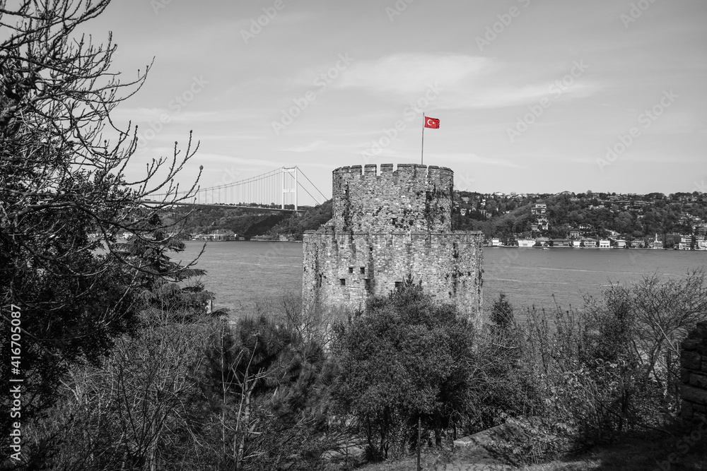 Rumelihisari, Rumelian Castle, Roumeli Hissar Castle, is a medieval fortress, Istanbul, Turkey, on the European banks of the Bosphorus. View of Fatih Sultan Bridge or Second Bosphorus Bridge. Rumelihisari, Rumelian Castle, Roumeli Hissar Castle, is a medieval fortress, Istanbul, Turkey, on the European banks of the Bosphorus. View of Fatih Sultan Bridge or Second Bosphorus Bridge.