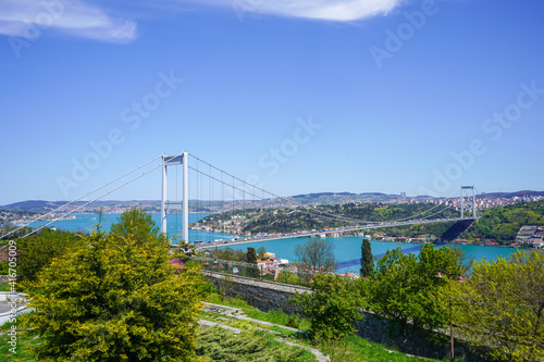 Sea transportation, Bosphorus. Rumelihisari, Rumelian Castle, Roumeli Hissar Castle, is a medieval fortress, Istanbul, Turkey. View of Fatih Sultan Bridge or Second Bosphorus Bridge.