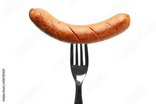 Fork with fried sausage isolated on white background