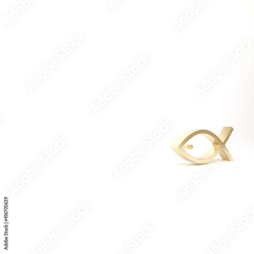 Gold Christian fish symbol icon isolated on white background. Jesus fish symbol. 3d illustration 3D render.