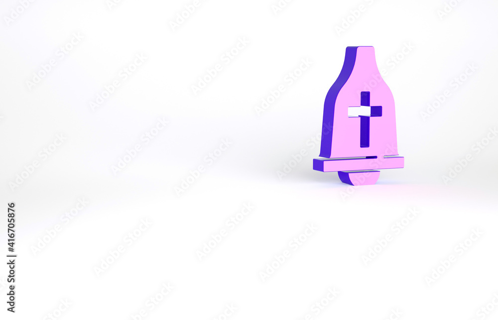 Purple Church bell icon isolated on white background. Alarm symbol, service bell, handbell sign, notification symbol. Minimalism concept. 3d illustration 3D render.
