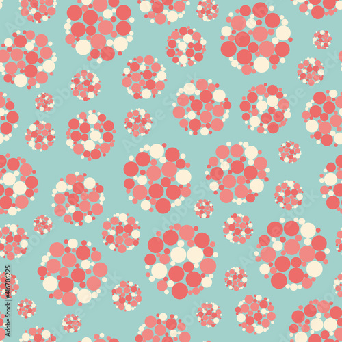 Abstract allium flower seedhead seamless vector pattern background. Pastel pink and white seeds within large circle sphere shapes on light blue backdrop. Retro floral botanical repeat for wellbeing
