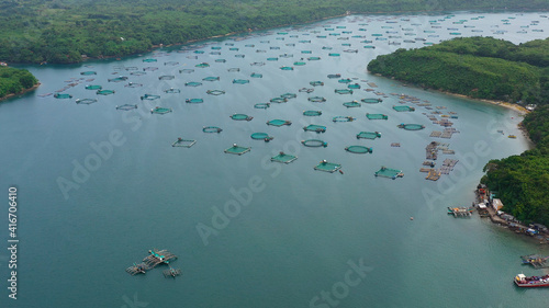 Fish farm with cages for fish and shrimp, top view. Fish cage for tilapia, milkfish farming aquaculture and pisciculture practices. Philippines, Luzon. Aerial view of fish ponds for bangus, milkfish.