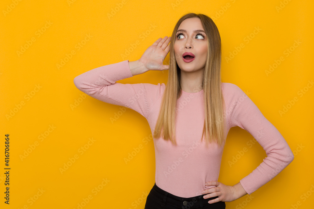 Obraz premium Surprised And Excited Woman Eavesdrops