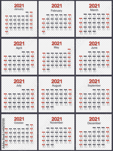 Monthly calendar for 2021 with daily date. On transparent background. Week starts on Sunday. Flat style.