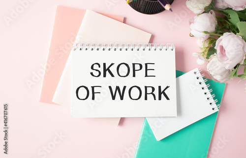 Scope of work, text words typography written on book against pink background, life and business motivational inspirational