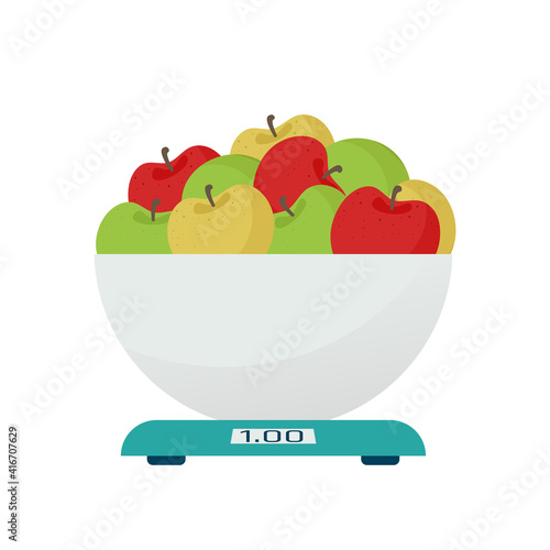 Apples on electronic kitchen scales. Vector illustration in flat style, isolated on white background