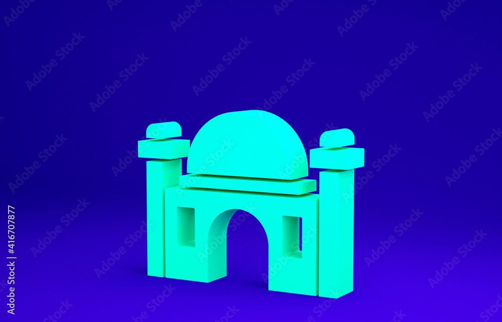 Green Muslim Mosque icon isolated on blue background. Minimalism concept. 3d illustration 3D render. Green Muslim Mosque icon isolated on blue background. Minimalism concept. 3d illustration 3D render.