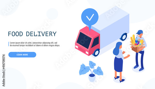 Food delivery service concept. Deliveryman gives the box with food to the female client. Isometric web banner. Vector.