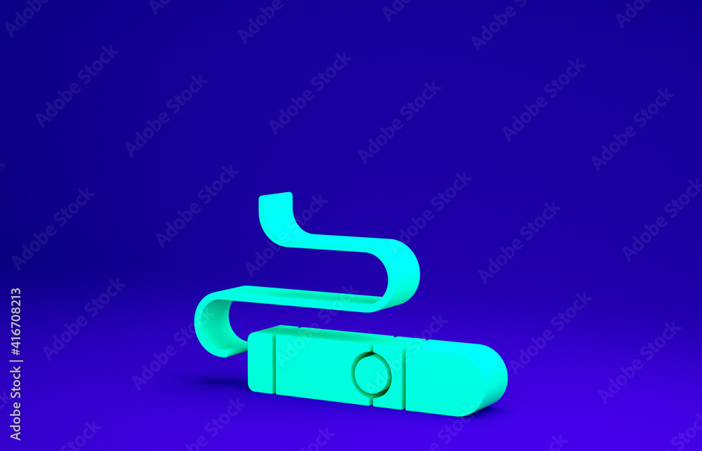 Green Cigar icon isolated on blue background. Minimalism concept. 3d illustration 3D render. Green Cigar icon isolated on blue background. Minimalism concept. 3d illustration 3D render.