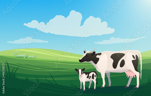 Foto Vector illustration landscape with cow and little baby calf on pasture with ranch on the background